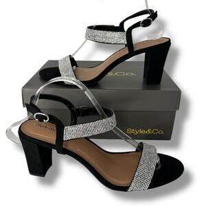 Style & Co. Black Block-Heel Sandals with Silver Rhinestone Straps